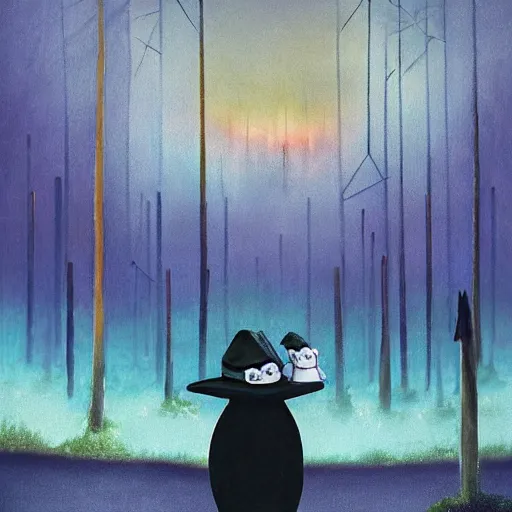 Prompt: penguin with a hat is looking at a burning forest which is sadly beautiful, dystopian cinematic painting, k high detail, with radioactive rain and purple lightnings by aleksandra waliszewska and aoi ogata