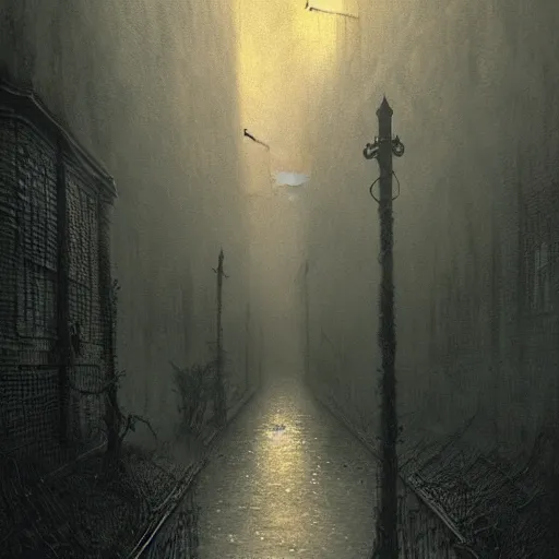 Image similar to flooded overgrown victorian london alley, highly detailed, eldritch, ominous, dawn, chilly dark mood, by beksinski and stalenhag