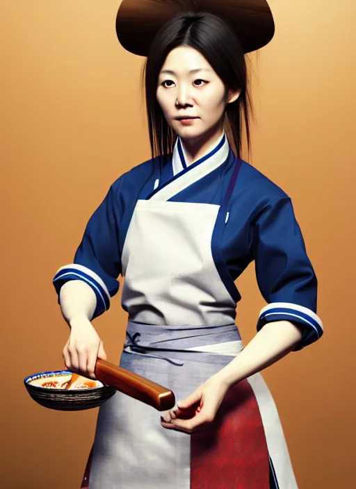 Image similar to character concept of a south korean female chef, wearing a beautiful hanbok inspired apron, holding magical kitchen knives, by kan liu and loish, 4 k render, unreal engine, high resolution, intricate detailed, hyperdetailed, photorealistic, artstation, smooth, sharp focus