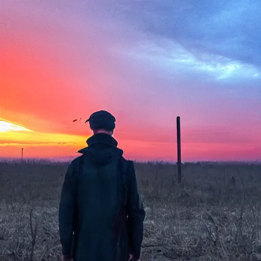 Prompt: stalker standing in front of a post - apocalyptic view with burning red sky