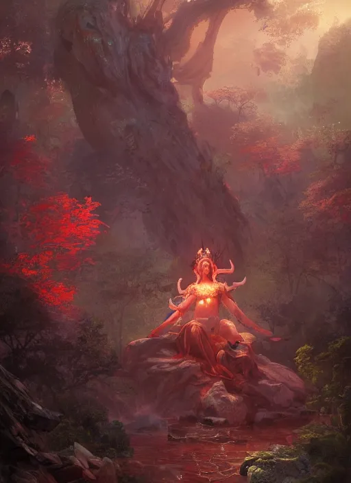 Image similar to Gigantic Stone Deity with a halo made of fluorescent mushrooms and antlers, flowing robes and translucent leaves, extremly detailed digital painting, in the style of Fenghua Zhong and Ruan Jia and jeremy lipking and Peter Mohrbacher, mystical colors, rim light, beautiful lighting, 8k, stunning scene, raytracing, octane, trending on artstation