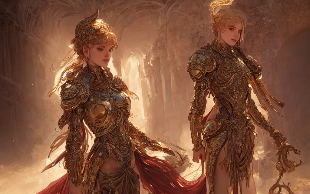 Image similar to portrait knights of zodiac girl, rose golden color armor, in ruined agora of athens, ssci - fi and fantasy, intricate and very very beautiful and elegant, highly detailed, digital painting, artstation, concept art, frostbite engine, smooth and sharp focus, illustration, art by tian zi and wlop and alphonse mucha