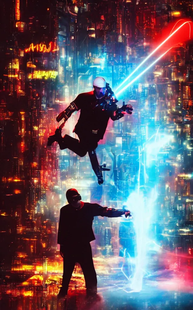 Image similar to Pope shooting bright lasers with his hands, 80s, science fiction, cyberpunk, neon, low angle shot, cross, pope, movie poster, futuristic