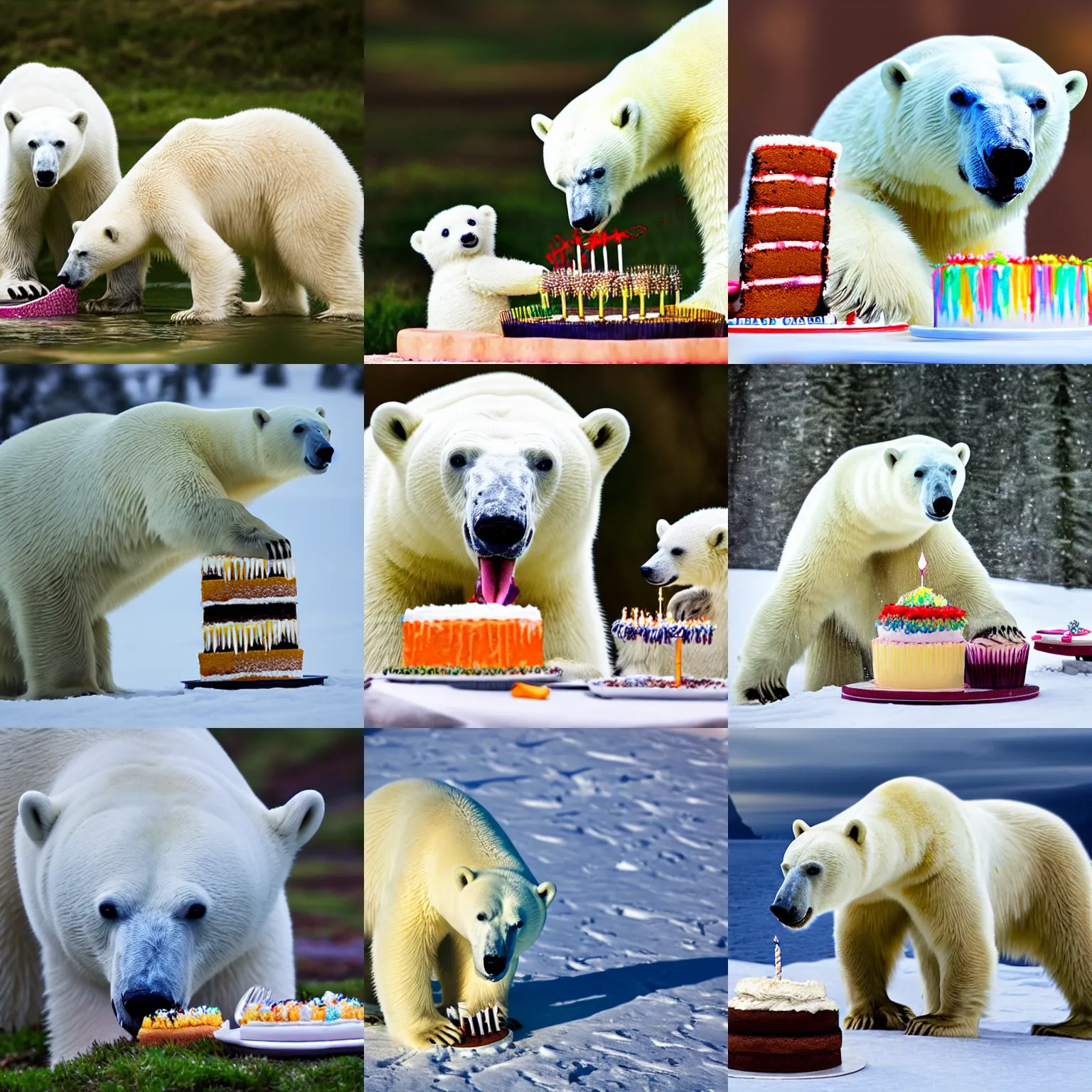 Prompt: Polar bear eating birthday cake, high definition, super detailed, realistic, 8k photography, trending nature photo