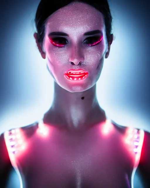 Image similar to close up photo of female dancer with cyberpunk implants with linear bright led lights over face and shoulders, inside white room, ultra - realistic and detailed, 8 k