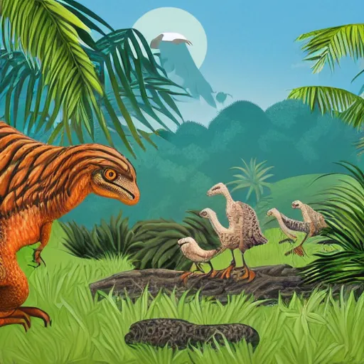 Image similar to peaceful prehistoric jungle landscape with a velociraptor and its chicks in the foreground, award winning art, relaxed, happy atmosphere