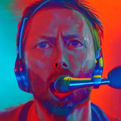 Prompt: oil painting of thom yorke, in real life, on stage, his body completely covered, with a few pieces of light show and strobe light flashes behind the stage and lighting to lighten it. he is wearing headphones and has the microphone in his mouth