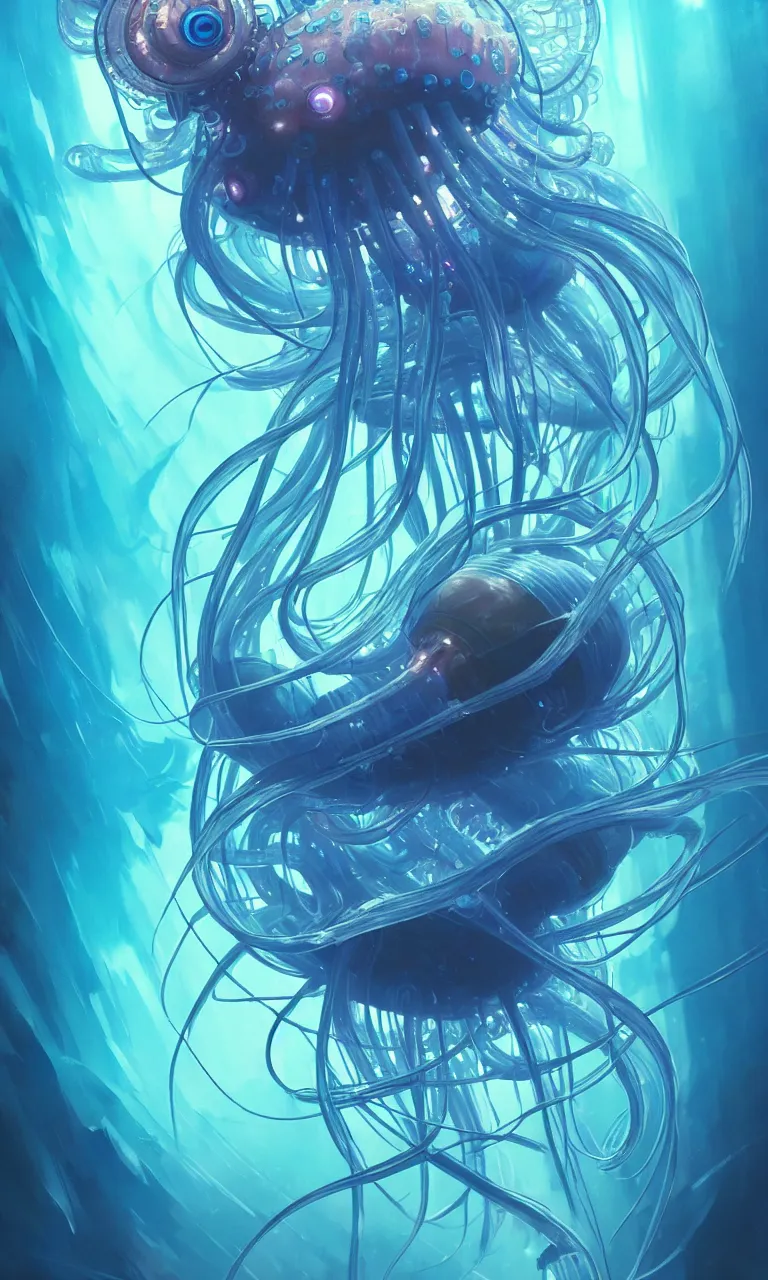 Prompt: detailed cyberpunk jellyfish, blue tones, underwater, full frame, highly detailed, digital painting, artstation, concept art, smooth, sharp focus, illustration, art greg rutkowski and alphonse mucha