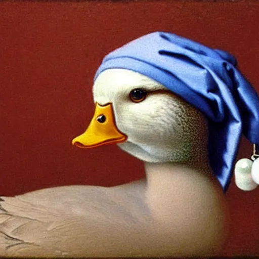 Prompt: a duck with a pearl earring by michael sowa.