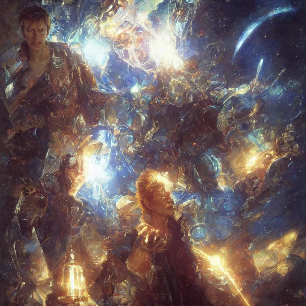 Image similar to david bowie as doctor who, radiant light, caustics, heroic, bright iridescent light, by gaston bussiere, bayard wu, greg rutkowski, maxim verehin