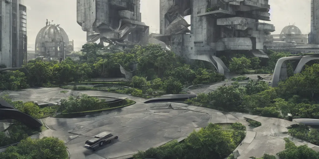 Image similar to futuristic spaceship, on the background brutalist architecture by Le Corbusier, abandoned buildings, empty streetscapes, surrounded by lush green vegetation, ground-level view, puddles of water, stunning volumetric lighting, sunset, trending on Artstation, 8k, photorealistic, hyper detailed, unreal engine 5, cinematic, epic lighting, cryengine, octane render, cyberpunk, red and orange glow, dark, gloomy