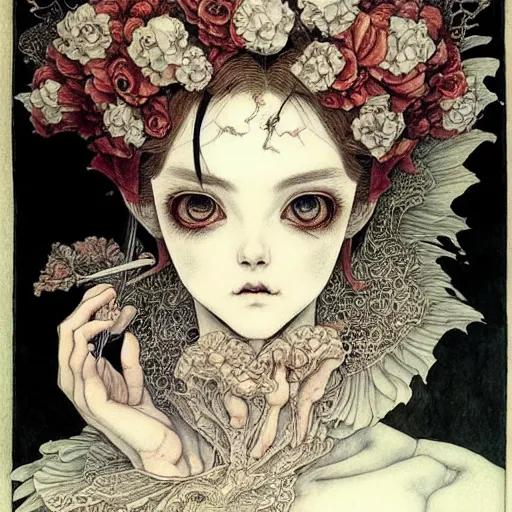 Image similar to prompt: Portrait painted in renaissance style drawn by Vania Zouravliov and Takato Yamamoto, inspired by Fables, china doll face, smooth face feature, intricate oil painting, high detail, sharp high detail, manga and anime 2000