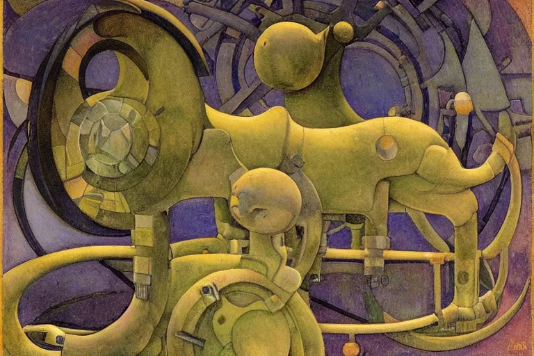 Image similar to mechanical robot cat, by annie swynnerton and diego rivera and nicholas roerich and jean delville, symbolist, dramatic lighting, elaborate geometric ornament, art brut, colors are soft greens and blues and purple, smooth, sharp focus, extremely detailed, adolf wolfli and ( donato giancola )