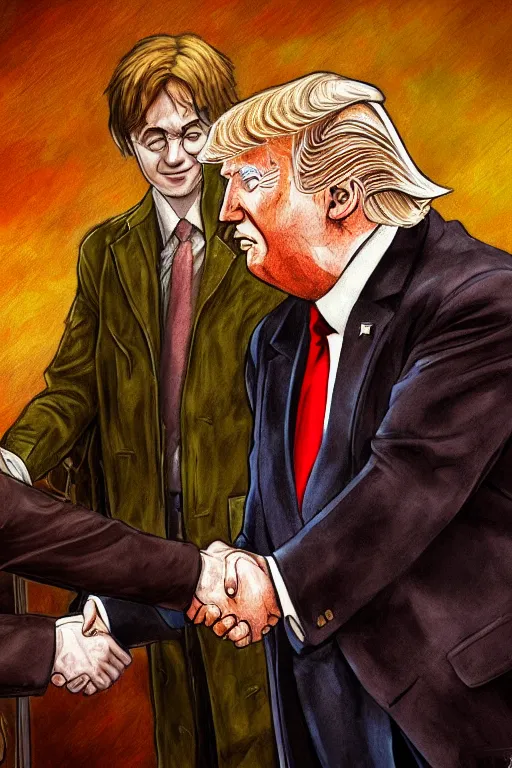 Prompt: harry potter shaking hands with donald trump, highly detailed, digital art, sharp focus, trending on art station