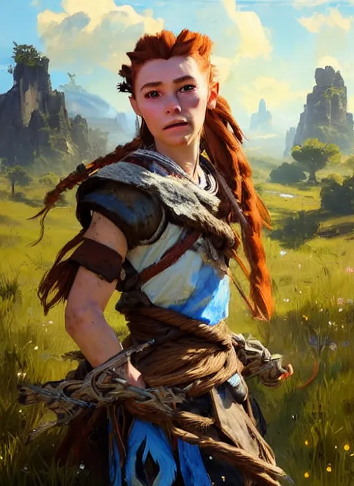 Prompt: portrait of a european Aloy from Horizon Zero Dawn in the style of League of Legends practicing, countryside, calm, fantasy character portrait, dynamic pose, above view, sunny day, thunder clouds in the sky, artwork by Jeremy Lipkin and Giuseppe Dangelico Pino and Michael Garmash and Rob Rey and Greg Manchess and Huang Guangjian, very coherent asymmetrical artwork, sharp edges, perfect face, simple form, 100mm