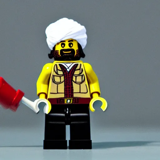 Image similar to lego set of osama bin laden wearing a white turban holding an rpg in afghanistan desert