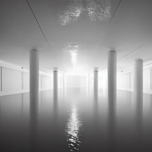 Image similar to flooded all white room, dim lights, surreal, liminal space,