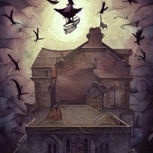 Prompt: a clown on the roof of the church playing with crows, by android jones and m. c. escher collaboration, futurist, digital art, dramatic lighting, symbolic