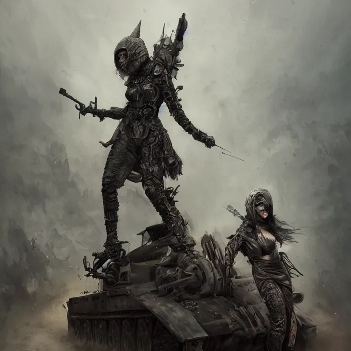 Image similar to beautiful apocalyptic woman in hooded cloak, standing on mad max panzer tank, hyper-detailed, smooth, sharp focus, 4k ultra hd, fantasy dark art, tank girl, artgerm, artstation, octane render, elegant, detailed digital painting, apocalyptic art, peter mohrbacher, Francis bacon