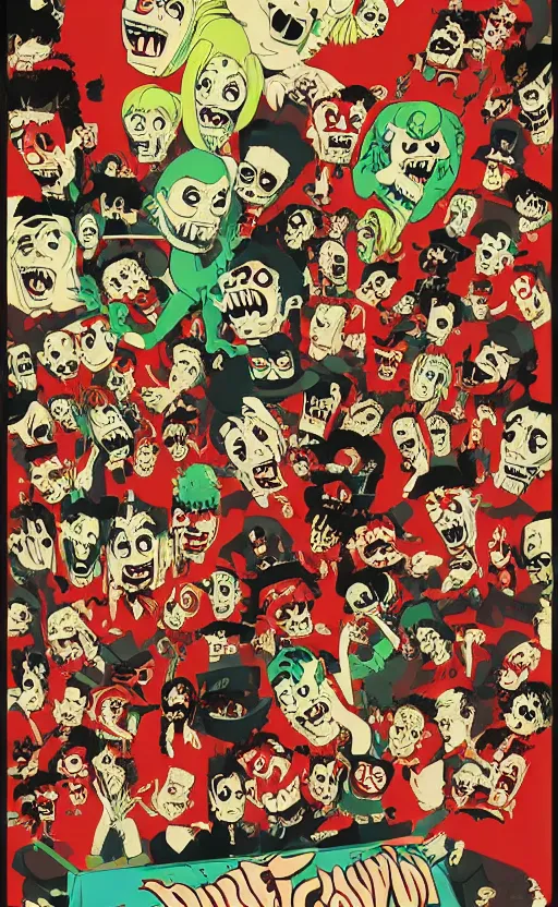 Image similar to cursed with necronomicon horrorcore cel animation poster depicting gory waldo eating the deceased power puff girls, intricate faces, metropolis, 1 9 5 0 s movie poster, post - processing, vector art