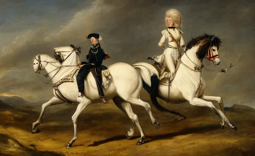 Image similar to woman in napoleonic dress standing on the back of a galloping horse on a battlefield