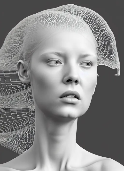 Prompt: complex 3d render ultra detailed of a beautiful porcelain profile young woman face, biomechanical cyborg, 150 mm lens, beautiful studio soft light, rim light, lemon details, big leaves and stems, roots, fine foliage lace, mesh wire, Alexander Mcqueen high fashion haute couture, art nouveau fashion embroidered, intricate details, hyper realistic, ultra detailed, mandelbrot fractal, anatomical, facial muscles, cable wires, microchip, elegant, octane render, H.R. Giger style, black eyes, plump lips, brown skin, volumetric lighting, 8k post-production, trending on Artstation