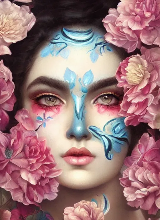 Prompt: a woman with her face painted. face painting of flowers. beautiful highly detailed face. painting by manuel sanjulian and tom bagshaw.