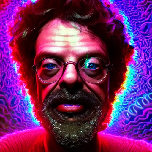 Image similar to terence McKenna posing seductively with psychedelic mushrooms, psychedelic, fractal, Claymorphism, cinematic lighting, dramatic, octane render, full body, trending on artstation, perfect facial symmetry, bokeh, 8k, intricate, hyper detailed