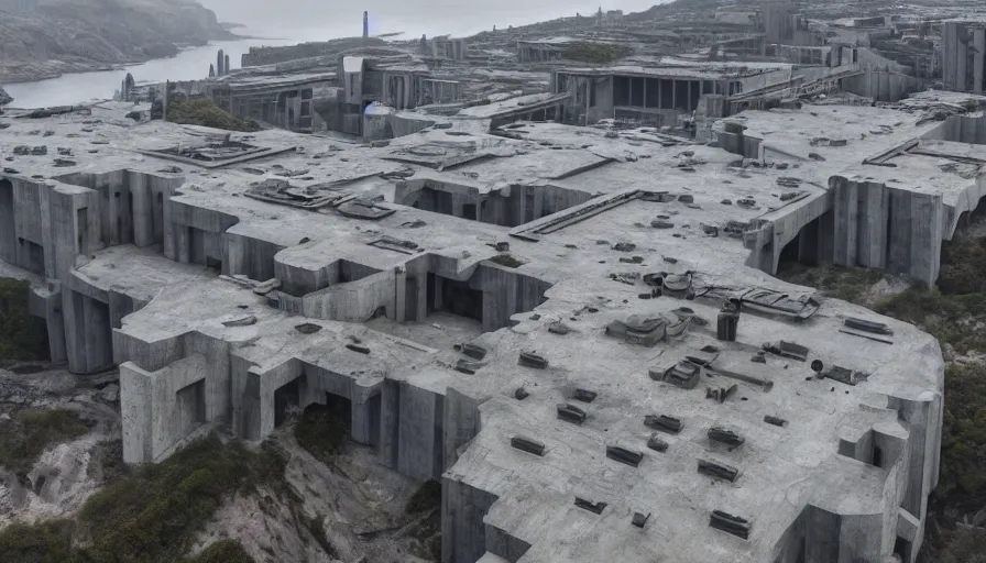 Image similar to big brutalist imperial military base on cliffs, drawing architecture, very long shot, top angle, imperial architecture in rogue one, pritzker architecture prize, brutalism architecture, jan urschel, greig fraser