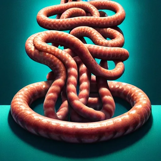 Prompt: medusa with sausages instead of snakes. replace snakes with sausages. intricate abstract. intricate artwork. by tooth wu, wlop, beeple, dan mumford. trending on artstation, greg rutkowski very coherent symmetrical artwork. cinematic, hyper realism, high detail, octane render, 8 k, iridescent accents