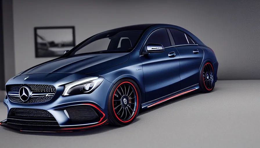 Image similar to a car and driver magazine photo shot, a dark blue 2021 Mercedes cla 45 AMG heavily modified and customized as a performance tune street racing SUV, black rims, samurai vinyl wrap, cinematic lighting, art station, volumetric light, low angle camera, redshift render, octane render, art station