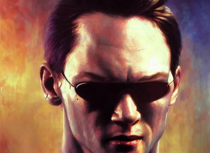 Image similar to ultra realistic portrait painting of irish neo from the matrix, art by frank frazetta and beeple, 4 k, ultra realistic, highly detailed, epic lighting