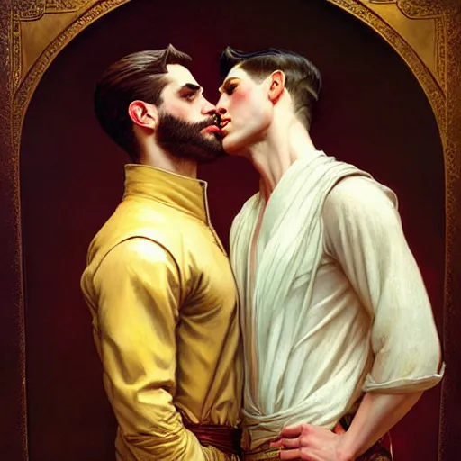 Image similar to attractive fully clothed king confesses his love for his attractive fully clothed male prince. highly detailed painting by j. c. leyendecker, craig mullins, tom bagshaw,