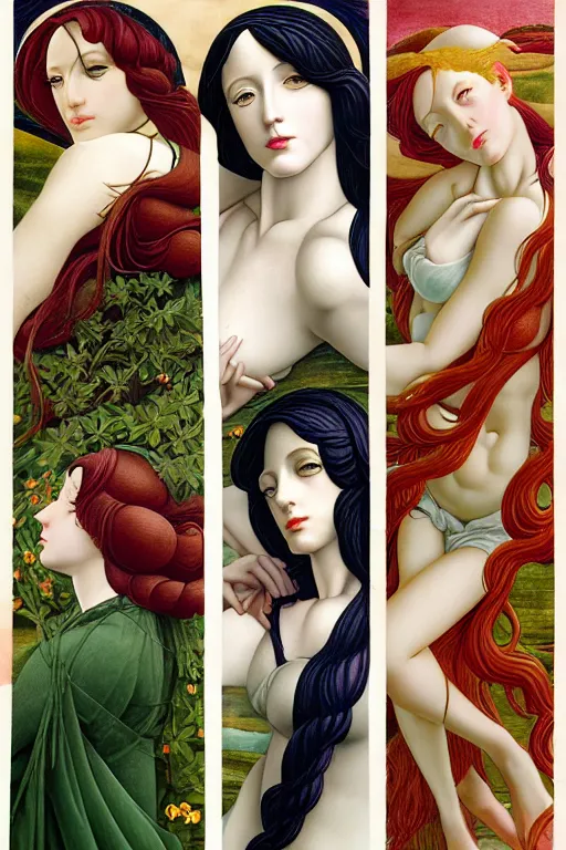 Image similar to 12 figures, representing the 4 seasons, (3 as Spring, 3 as Summer, 3 as Autumn, and 3 as Winter), in a mixed style of Botticelli and Æon Flux, inspired by pre-raphaelite paintings, shoujo manga, and cyberpunk, stunningly detailed, elaborate inking lines, pastel colors, 4K photorealistic