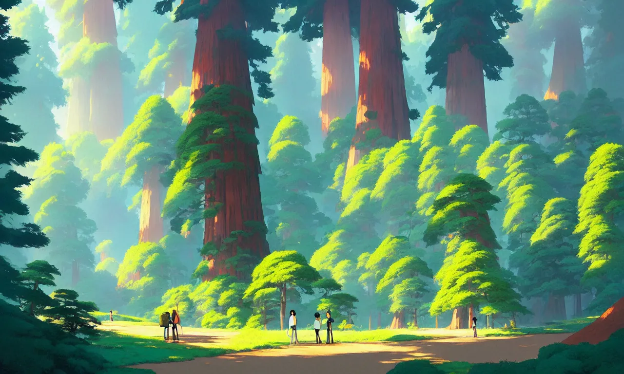 Image similar to Sequoia Park in a colorful moutain with beautiful trees , no people, morning, by studio ghibli painting, superior quality, masterpiece, traditional Japanese colors, by Grzegorz Rutkowski, concept art