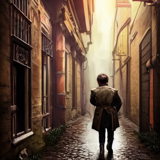 Prompt: brown haired halfling private investigator walking down a Victorian rainy alley in a trenchcoat , artstation, detailed, hyper realistic, 8k, digital art, cinematic