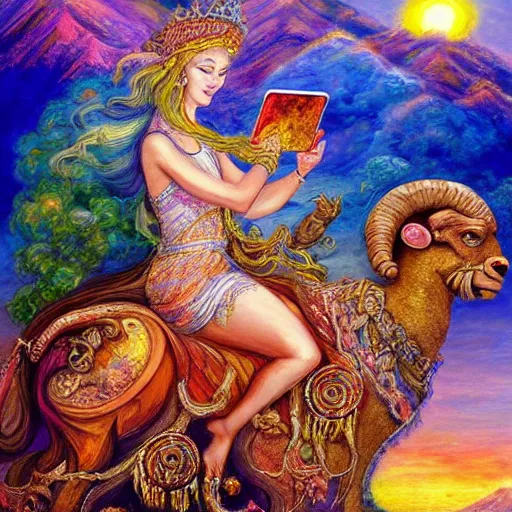 Prompt: a goddess riding a ram while checking her cell phone, erupting volcano and sunrise in distance in background, painting by josephine wall, senior concept artist, acrylic on canvas, intricately detailed, high resolution trending on artstation