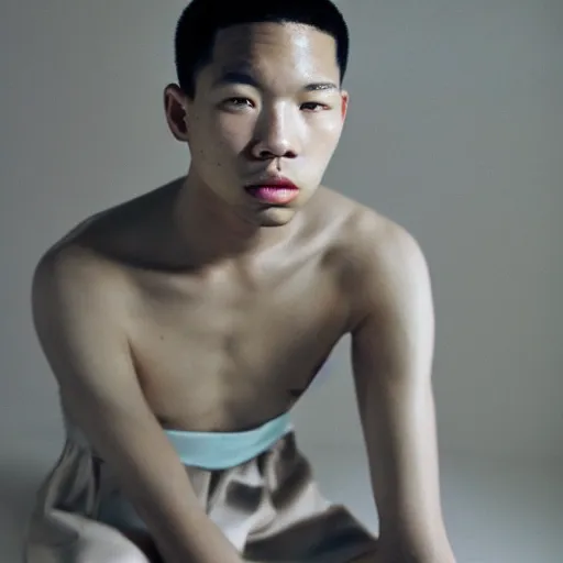 Image similar to realistic! photoshoot for a new balenciaga lookbook, color film photography, portrait of a beautiful asian person, photo in style of tyler mitchell, 35mm