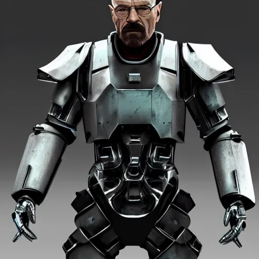 Prompt: Walter White in cybernetic battle armour with shields, 4k octane render, highly detailed, concept art