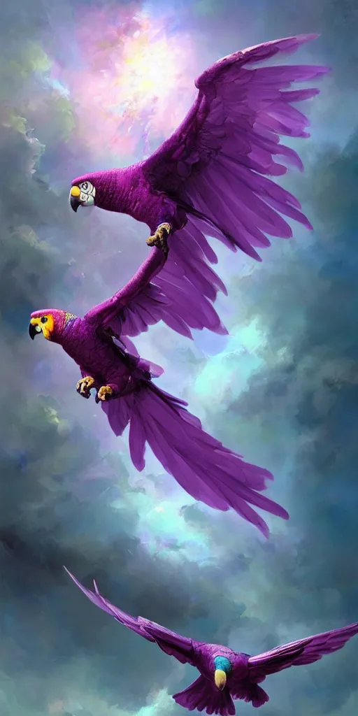 Image similar to a painting of a purple parrot flying through the sky, poster art by raymond swanland, deviantart, fantasy art, christian, deviantart, mystical