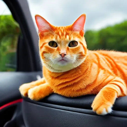 Image similar to an orange tabby cat driving a car