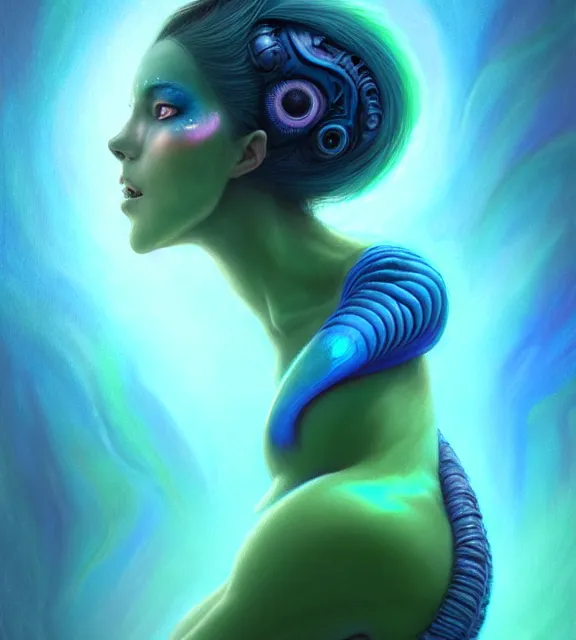 Prompt: beautiful female alien with blue skin wearing pale green halter top, perfect face, dark blue hair, with abs, cinematic, blush, stunning, elegant, highly detailed, psychedelic, digital painting, artstation, smooth, hard focus, illustration, art by jessica rossier and and brian froud