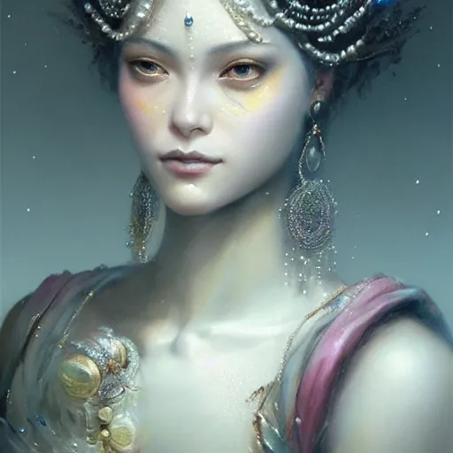 Image similar to a beautiful portrait of a pearl goddess with glittering skin, a detailed painting by greg rutkowski and raymond swanland, featured on cgsociety, fantasy art, detailed painting, artstation hd, photorealistic