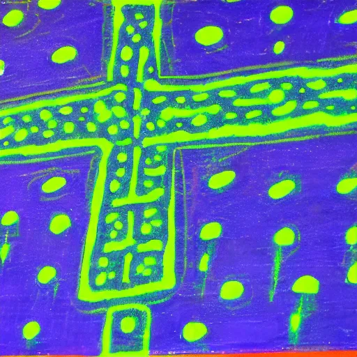 Image similar to fluo green cave painting of cross and ufos