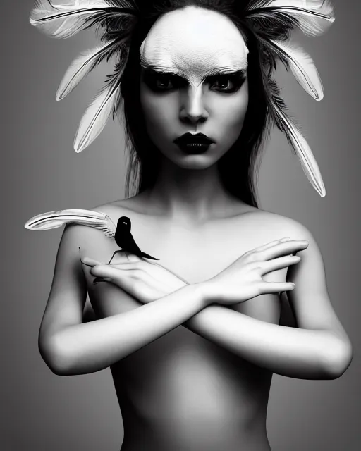 Prompt: surreal mythical dreamy dark artistic black and white fine art 3 / 4 portrait photo of a young delicate mutant female - orchid - bird - cyborg with feather hair, rim light, cinematic, studio dramatic light, poetic, octane render, 8 k, photo - realistic