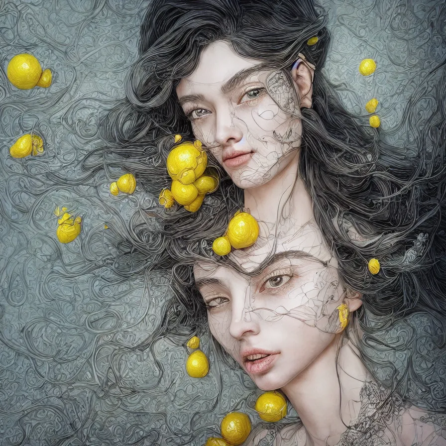Image similar to the portrait of an absurdly beautiful, graceful, elegant, sophisticated, young woman made of lemons, an ultrafine hyperdetailed illustration by kim jung gi, irakli nadar, intricate linework, bright colors, octopath traveler, final fantasy, unreal engine 5 highly rendered, global illumination, radiant light, detailed and intricate environment