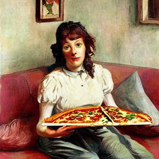 Prompt: A beautiful print of a young lady with a serious case of the munchies, eating an entire pizza while sitting in front of an open refrigerator. body paint by Harriet Backer, by Go Nagai funereal