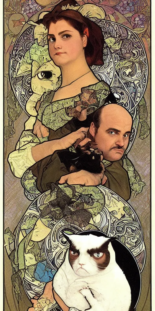 Image similar to “ george costanza from seinfeld holding grumpy cat, halo, art nouveau, extremely detailed, by alphonse mucha ”