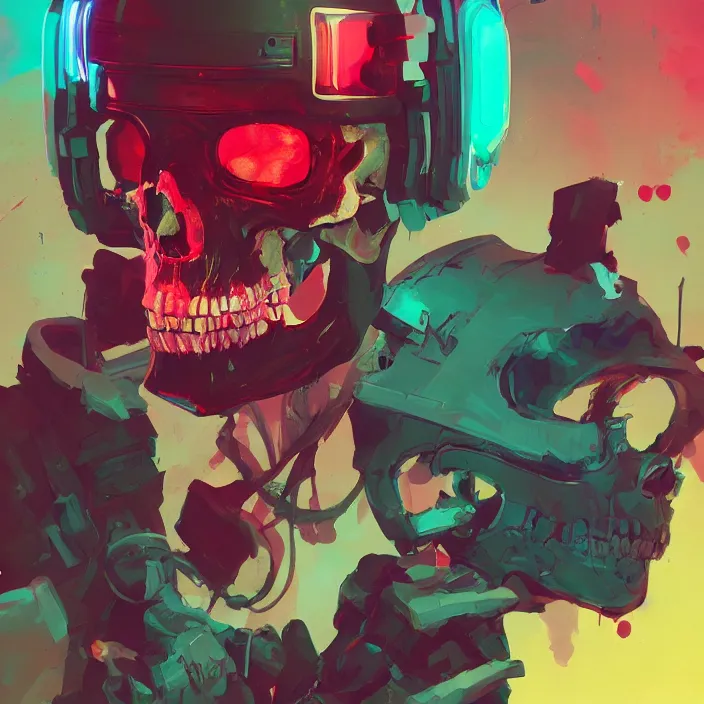 Image similar to a colorful comic noir illustration painting of a cyberpunk skull by sachin teng and sergey kolesov and ruan jia and heng z. hyper detailed. octane render. trending on artstation