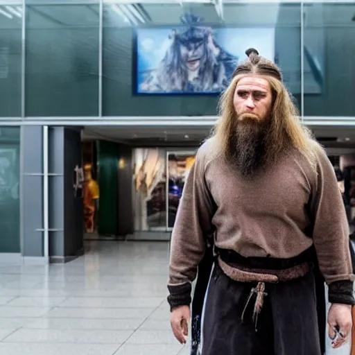 Prompt: viking dejected leaving local mall